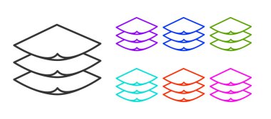 Siyah çizgili katmanlar beyaz arka planda izole edilmiş tekstil ikonu. Kumaş özellikleri. Simgeleri renklendirin. Vektör.