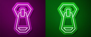 Parlak neon çizgili fermuar simgesi mor ve yeşil arkaplanda izole edilmiş. Vektör.