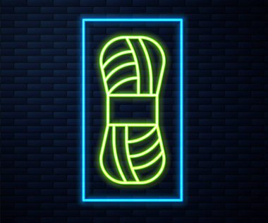 Parlayan neon çizgisi iplik simgesi tuğla duvar arkasında izole edildi. El yapımı, örgü ya da terzi için etiket. Vektör.