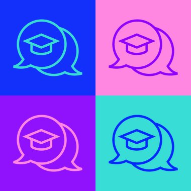 Konuşma baloncuğu ikonundaki pop sanat eseri mezuniyet kapağı renk arkaplanında izole edilmiş. Tassel ikonlu mezuniyet şapkası. Vektör.