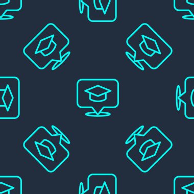 Konuşma baloncuğu simgesinde yeşil çizgi derecelendirme başlığı mavi arkaplanda izole edilmiş kusursuz desen. Tassel ikonlu mezuniyet şapkası. Vektör.