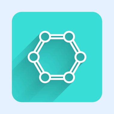 Beyaz çizgi Molekül simgesi uzun gölgeli izole edilmiş. Kimya moleküllerinin yapısı, fen öğretmenlerinin yenilikçi eğitim posteri. Yeşil kare düğmesi. Vektör.