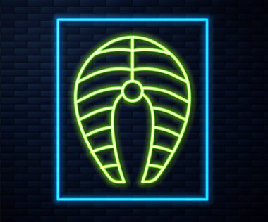 Işıldayan neon hattı. Tuğla duvar arkasında balık biftek ikonu izole edilmiş. Vektör.