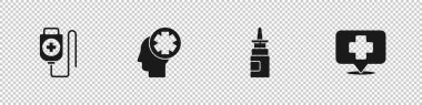 Serum torbası, hastanedeki erkek kafası, burun spreyi ve harita işaretleyici ikonu. Vektör.