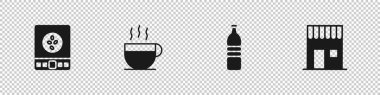 Elektronik kahve terazisi, kahve fincanı, şişe suyu ve dükkan ikonu koyun. Vektör.