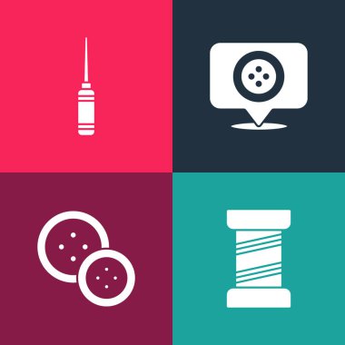 Pop sanat dikiş ipliği, düğme, konum terzi dükkanı ve Awl araç simgesini ayarla. Vektör.