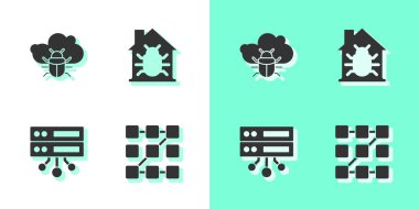 Grafik şifre korumasını, Sistem hata bulutunu, Sunucu, Data, Web Sunuculuğu ve House sistem simgesini ayarla. Vektör.