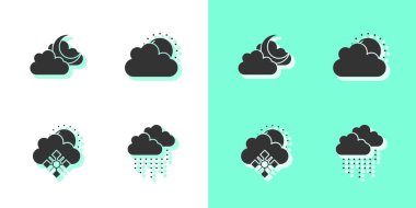 Bulut 'u yağmur, ay, kar, güneş ve hava durumu ikonu ile ayarla. Vektör.