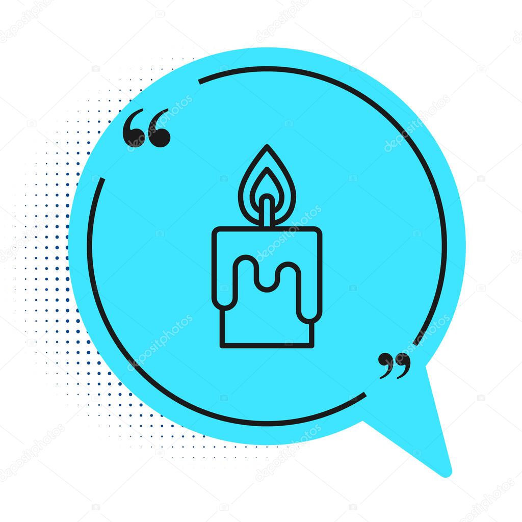 Black line Burning candle icon isolated on white background. Cylindrical candle stick with burning flame. Blue speech bubble symbol. Vector.