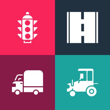 Pop sanat traktörünü, kargo kamyonunu, Road and Trafic Light ikonunu ayarla. Vektör.