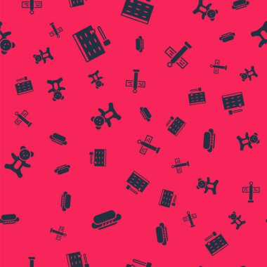 Hotdog 'u, Arcade oyun makinesini, pelüş oyuncak ayıcığı ve trafik levhasını kusursuz şekilde ayarla. Vektör.