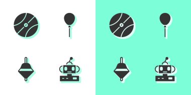 Robot oyuncağı, basketbol topu, Whirligig ve kurdele ikonlu balonlar. Vektör.