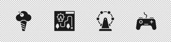 Set Eis Waffelkegel Freizeitpark Karte Riesenrad Und Gamepad Symbol Vektor — Stockvektor