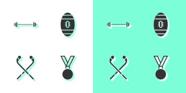 Set Madalyası, Halter, Buz hokeyi sopaları ve Amerikan Futbol ikonu. Vektör.