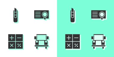 Okul servisi, kırtasiye bıçağı, hesap makinesi ve sertifika şablon simgesini ayarla. Vektör.