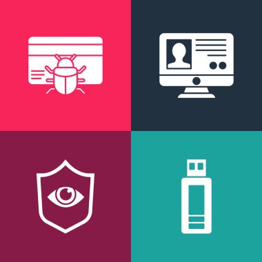 Pop art USB flash bellek, kalkan ve göz, hesap ekranı ve sistem hatasını kredi kartı simgesinde oluştur. Vektör.