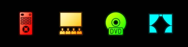 Установить Пульт Дистанционного Управления Кинозал Экраном Dvd Диск Значок Занавес — стоковый вектор