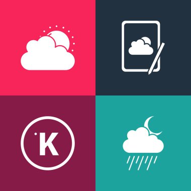 Pop sanat bulutunu yağmur ve ay ile ayarla, Kelvin, hava tahmini ve güneş bulutu ikonu. Vektör.