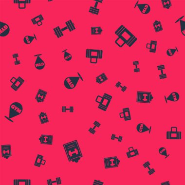 Spor eğitim programını, Dumbbell 'ı, spor salonunu ve çantasını kusursuz bir şablona ayarla. Vektör.