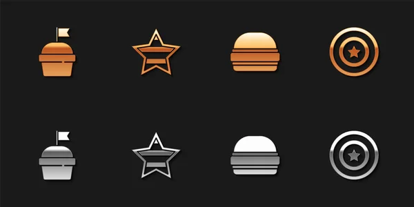 Set Cake Ηπα Ημέρα Ανεξαρτησίας Burger Και Αμερικανικό Αστέρι Ασπίδα — Διανυσματικό Αρχείο