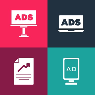 Pop sanat reklamcılığını, grafik grafikli dökümanı ve simgeyi ayarla. Vektör.