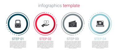 Kilit ve kalp, alyanslar, tebrik kartı ve fotoğraf makinesi. Ticari bilgi şablonu. Vektör.