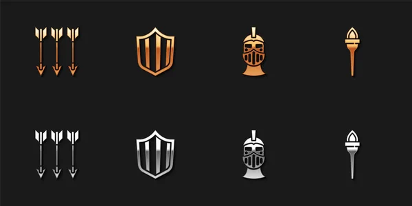 Set Flechas Cruzadas Escudo Casco Hierro Medieval Icono Llama Antorcha — Vector de stock