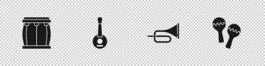Bateri, Banjo, Trompet ve Maracas ikonunu ayarla. Vektör.