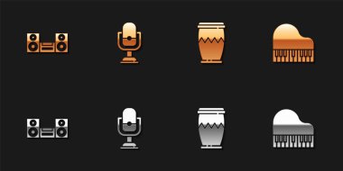 Ev teybi, mikrofon, Drum ve Grand piyano ikonunu ayarla. Vektör.