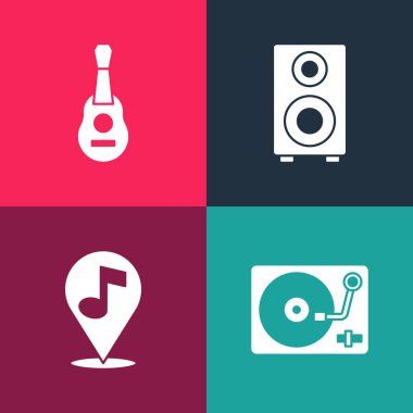 Pop sanatını vinil disk, lokasyon notası, Stereo hoparlörü ve Gitar ikonu ile ayarla. Vektör.