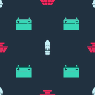 Güneş enerjisi panelini, ampulü ve araba bataryasını kusursuz desene ayarlayın. Vektör.