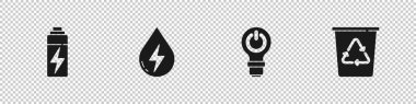 Bataryayı, su enerjisini, yıldırımlı ampulü ve geri dönüşüm kutusu simgesini ayarla. Vektör.