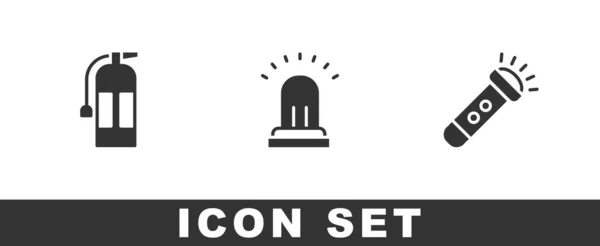 Set Brandblusser Rinkelende Alarmbel Zaklamp Icoon Vector — Stockvector