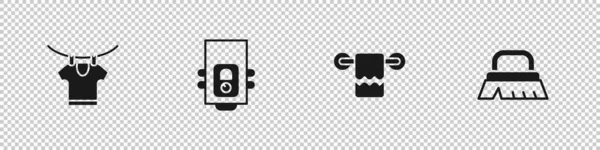 设置干衣机 煤气炉 挂衣架上的毛巾和刷子用于清洁图标 — 图库矢量图片