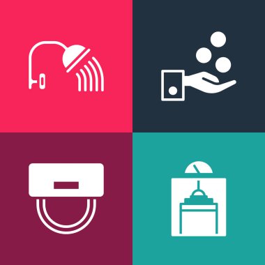 Pop sanat kaldırma, belboy şapkası, bahşiş ödeme ve duş başlığı ikonu ayarla. Vektör.