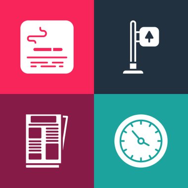 Pop sanat tren istasyonu saatini, haberleri, trafik levhasını ve sigara içme alanı simgesini ayarla. Vektör.