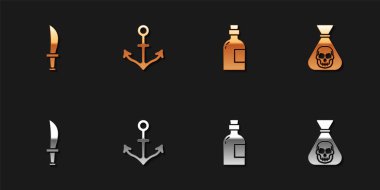 Korsan kılıcı, dayanak noktası, alkol, rom ve madeni para ikonu. Vektör.