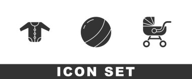 Bebek kıyafetleri, plaj topu ve bebek arabası ikonu. Vektör.
