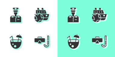 Dalış maskesi ve şnorkeli ayarlayın, geminin kaptanı, hindistan cevizi kokteyli ve Cruise ikonu. Vektör.