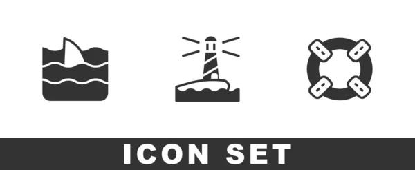 Set Shark Fin Ocean Wave Lighthouse Lifebuoy Icon Vector — Stock Vector