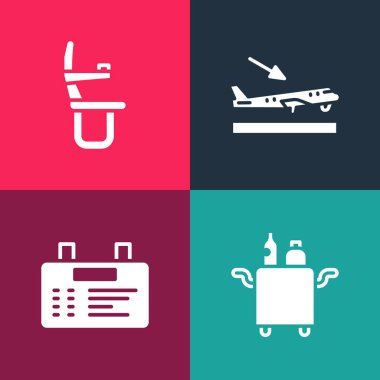 Pop Art Trolley 'i yemek, havaalanı yönetim kurulu, uçak inişi ve uçak koltuğu ikonu olarak ayarla. Vektör.