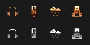 Kış kulaklıkları, Meteoroloji termometresi kar bulutu ve sırt çantalı yürüyüş ikonu. Vektör.