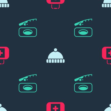 İlk yardım çantasını, kış şapkasını ve balıkçılığı kusursuz şekilde ayarla. Vektör.