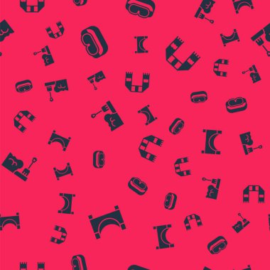 Kayak parkı, kayak gözlükleri, kar yığınındaki kürek ve eşarbı pürüzsüz desenlere ayarlayın. Vektör.