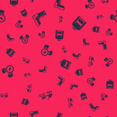 Kar arabası, su geçirmez lastik bot, madalya ve Noel süveterini kusursuz desenlere ayarlayın. Vektör.