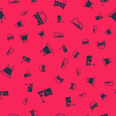 Küreği kar yığınına, hokey kaskını, dağları ve Biatlon tüfeğini kusursuz bir şekilde yerleştirin. Vektör.