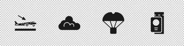 Встановіть Літак Посадки Хмарна Погода Бокс Літає Парашуті Паспорт Значком — стоковий вектор
