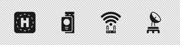 Helikopter iniş pistini, biletli pasaportu, Wi-Fi sinyalini ve Radar simgesini ayarlayın. Vektör.