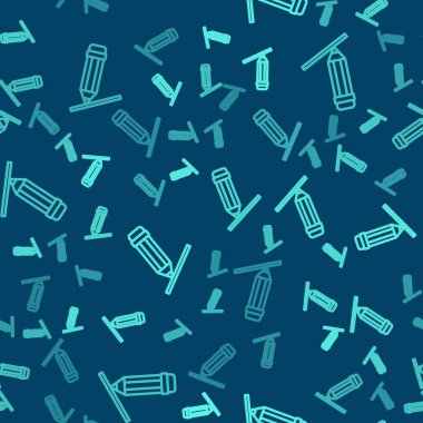 Silgi simgesine sahip yeşil çizgi kalem mavi arkaplanda izole edilmiş pürüzsüz desen. Çizim ve eğitim araçları. Okul sembolü. Vektör.