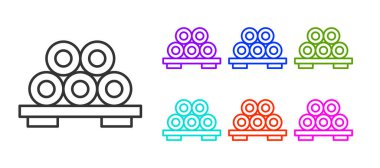 Kesme tahtası simgesindeki siyah çizgi suşisi beyaz arkaplanda izole edilmiş. Tahtada Asya yemeği suşisi. Simgeleri renklendirin. Vektör.